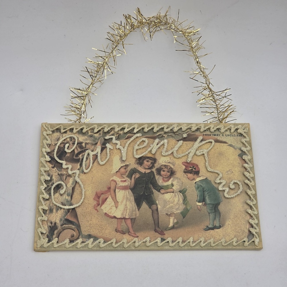 Antique Postcard w/ Hand crafted Framed Hanging Glass Plaque "Souvenir"